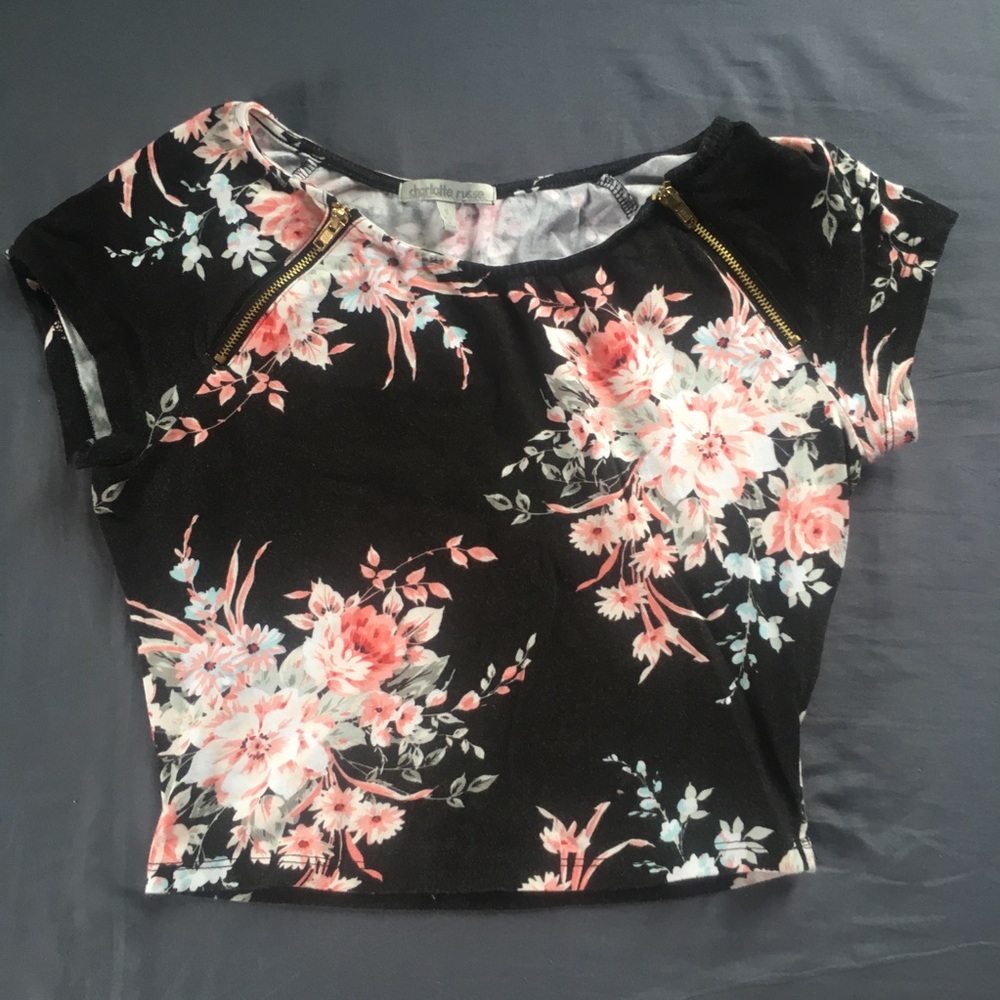 Black with Pink Flower Print Crop Top